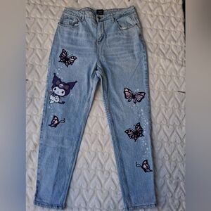 Kuromi Butterfly Garden Embroidery Light Wash Straight Leg Jeans
